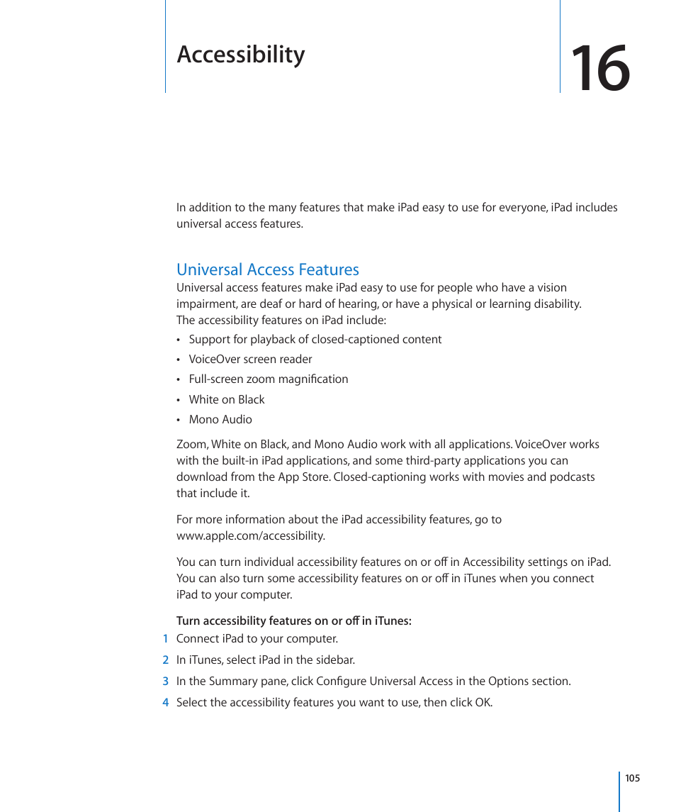 Chapter 16: accessibility, Universal access features, 105 universal access features | Accessibility | Apple iPad iOS 3.2 User Manual | Page 105 / 154