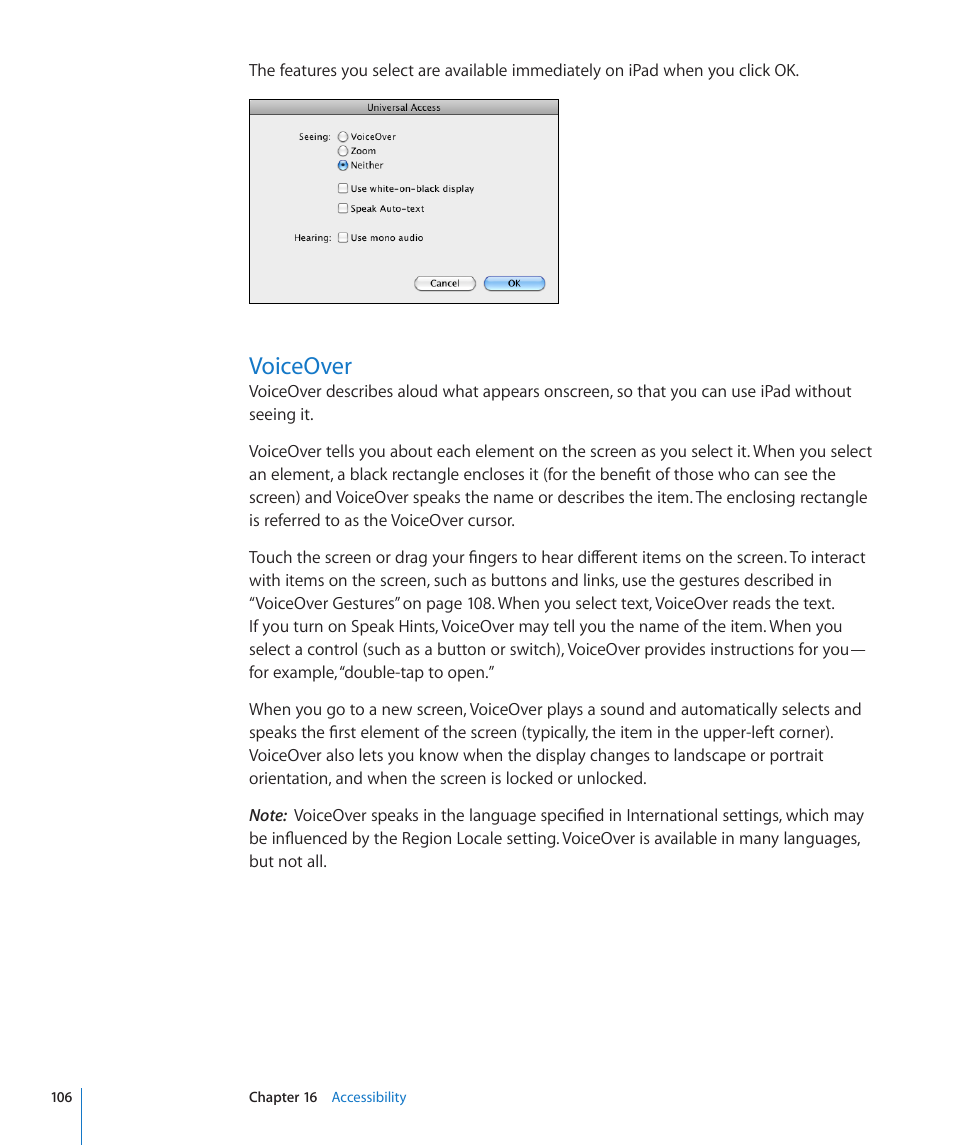 Voiceover, 106 voiceover | Apple iPad iOS 3.2 User Manual | Page 106 / 154