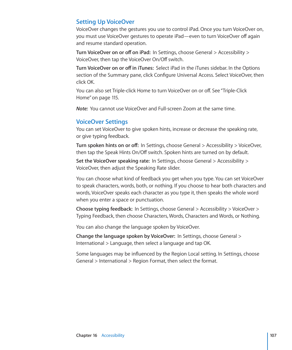 Setting up voiceover, Voiceover settings | Apple iPad iOS 3.2 User Manual | Page 107 / 154