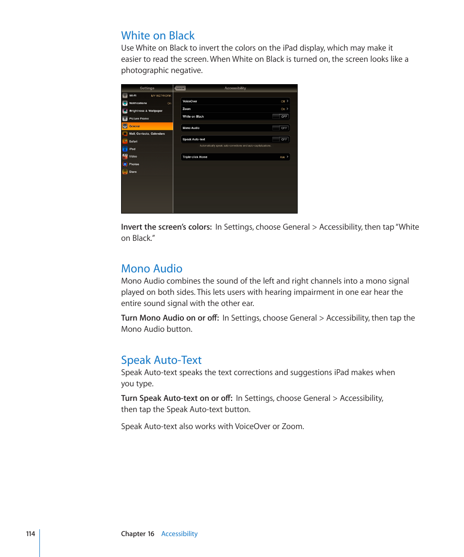 White on black, Mono audio, Speak auto-text | Apple iPad iOS 3.2 User Manual | Page 114 / 154