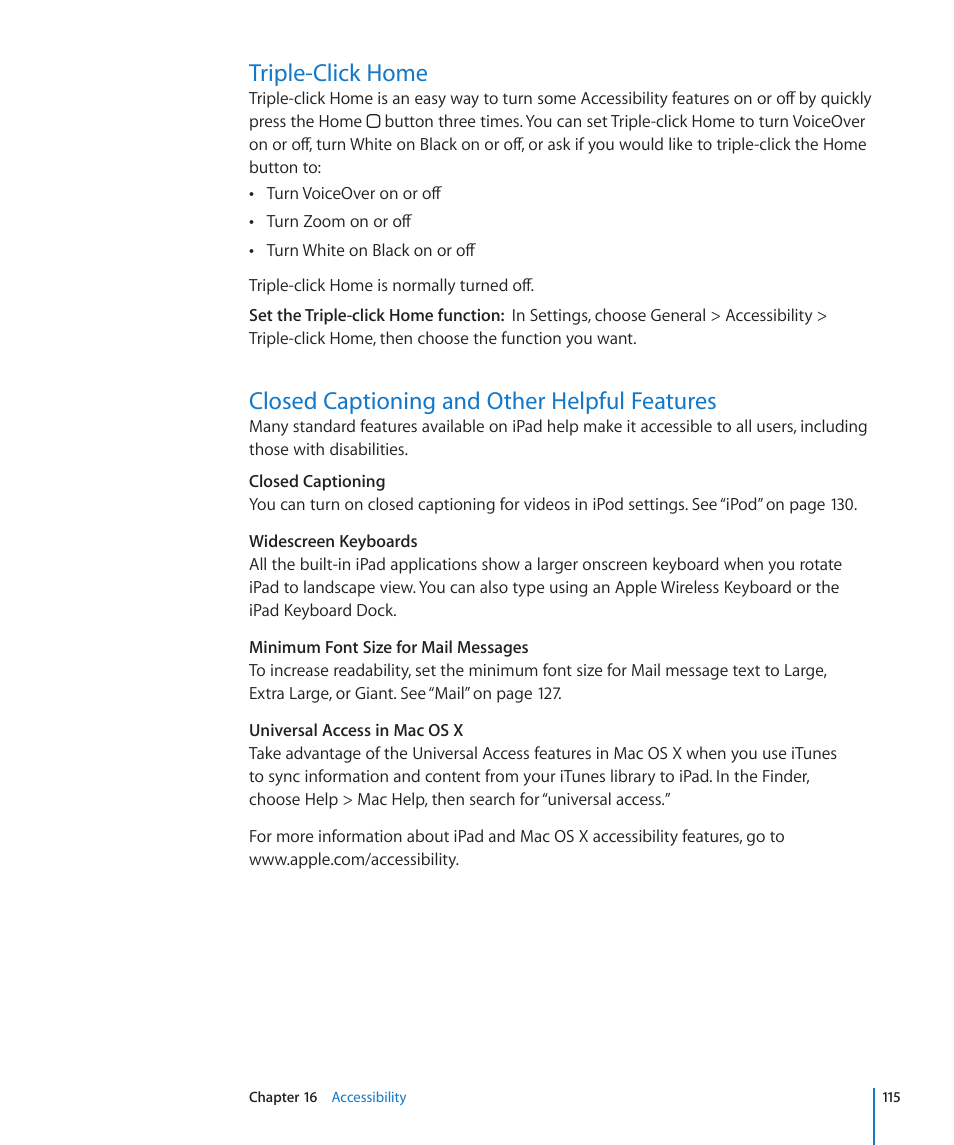 Triple-click home, Closed captioning and other helpful features | Apple iPad iOS 3.2 User Manual | Page 115 / 154