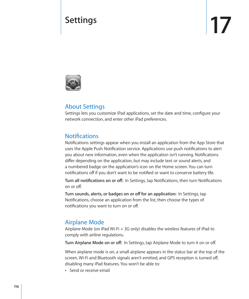 Chapter 17: settings, About settings, Notifications | Airplane mode, Settings | Apple iPad iOS 3.2 User Manual | Page 116 / 154