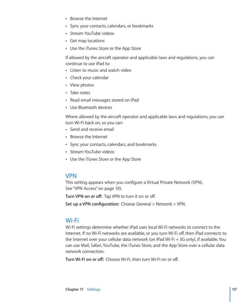 Wi-fi, 117 vpn 117 wi-fi | Apple iPad iOS 3.2 User Manual | Page 117 / 154