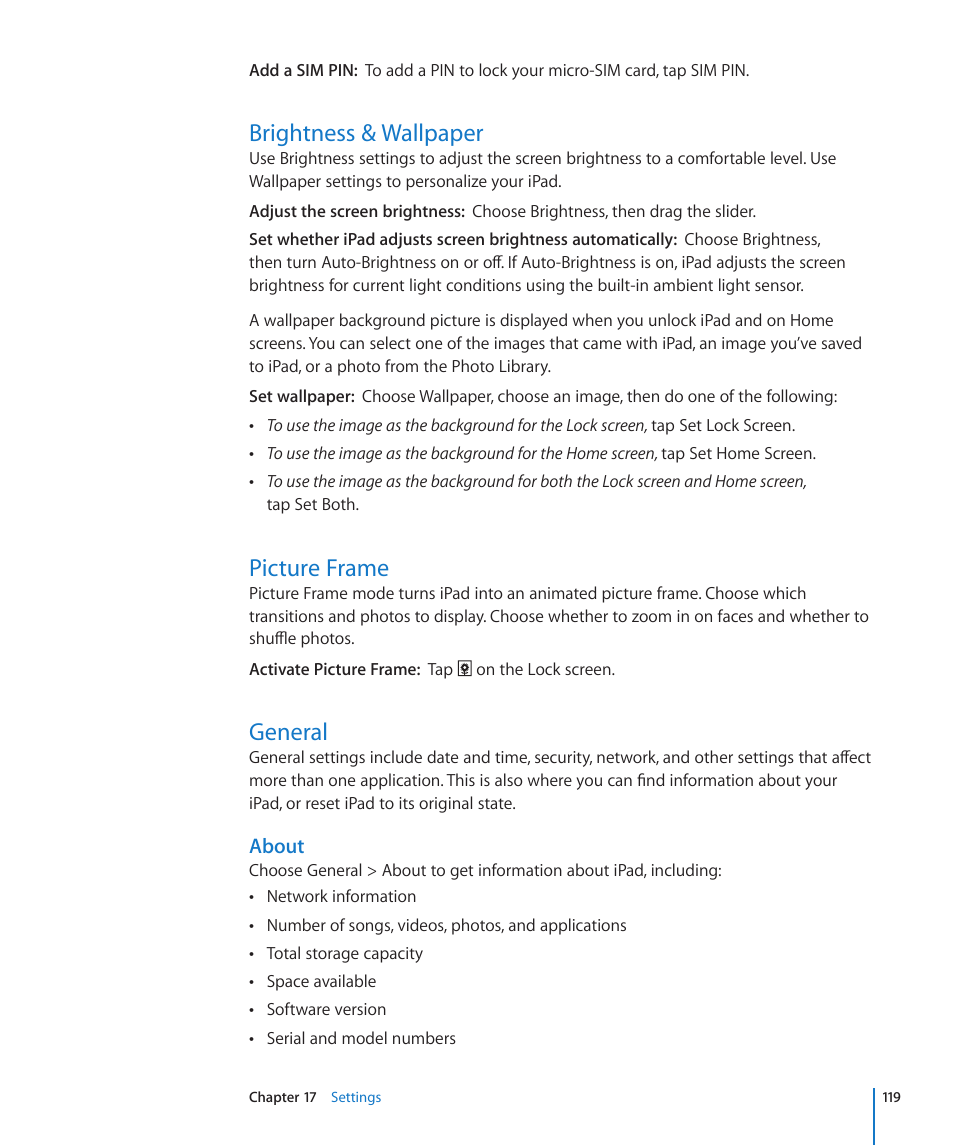 Brightness & wallpaper, Picture frame, General | About | Apple iPad iOS 3.2 User Manual | Page 119 / 154