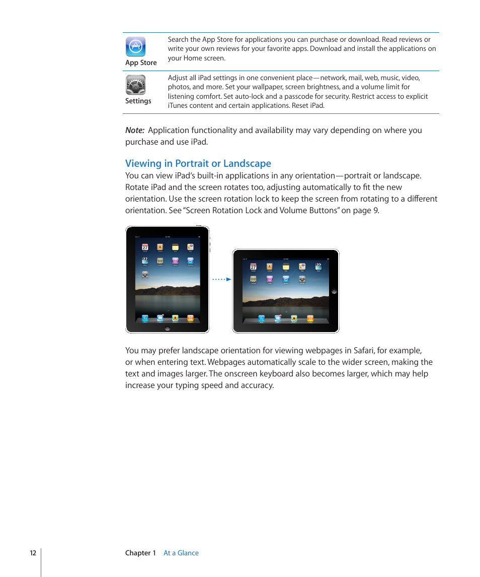 Viewing in portrait or landscape | Apple iPad iOS 3.2 User Manual | Page 12 / 154