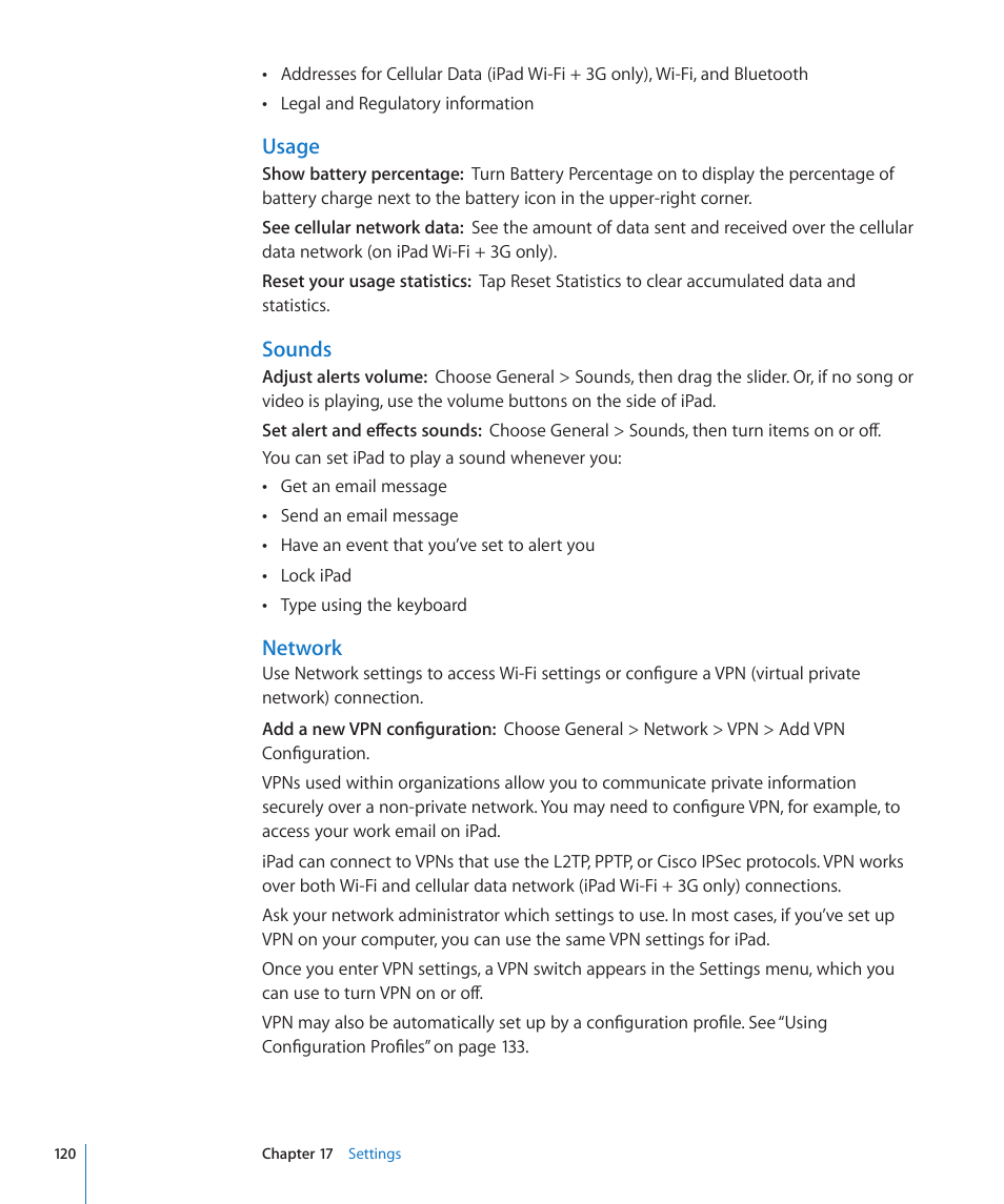 Usage, Sounds, Network | Apple iPad iOS 3.2 User Manual | Page 120 / 154