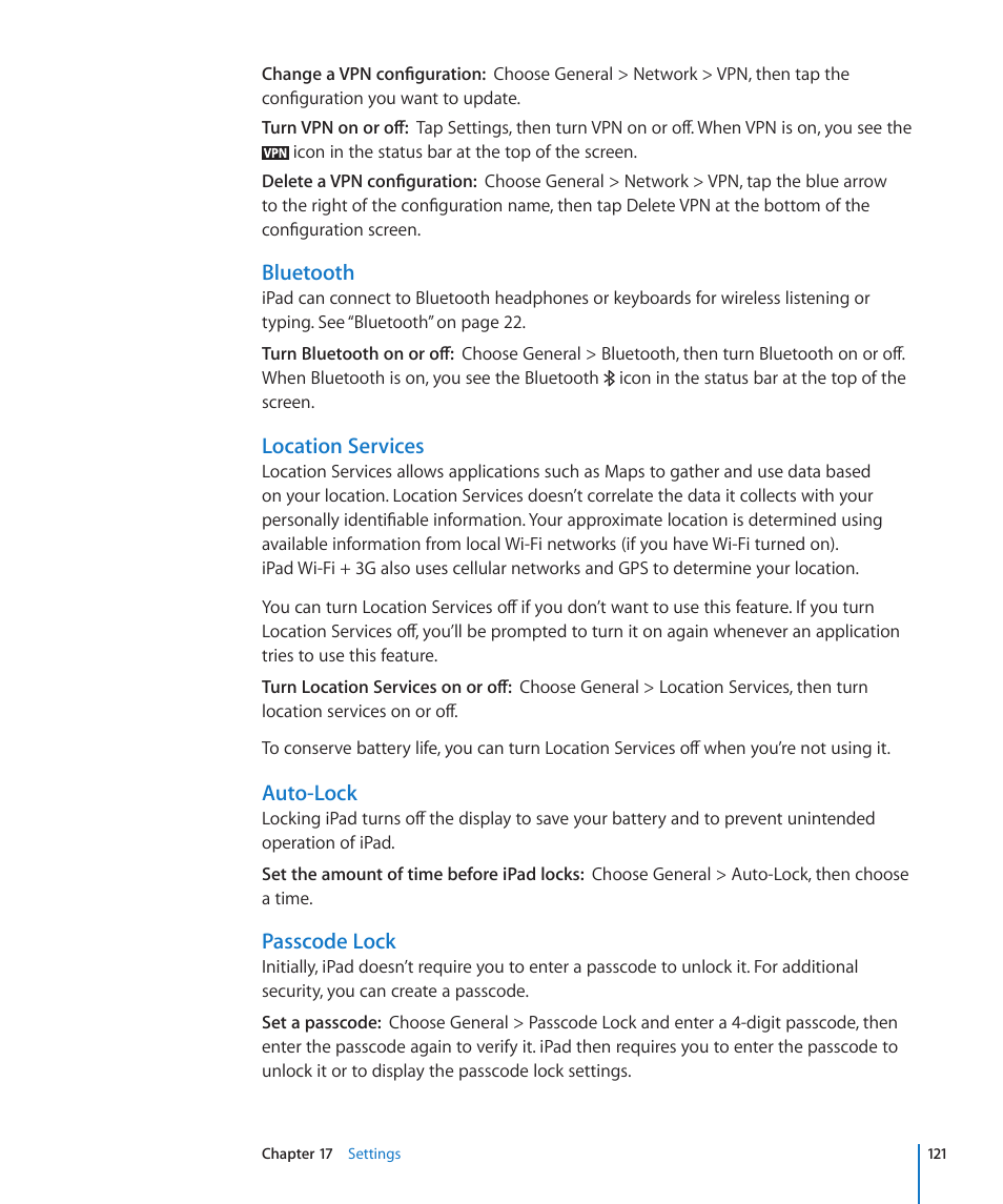 Auto-lock, Passcode lock | Apple iPad iOS 3.2 User Manual | Page 121 / 154