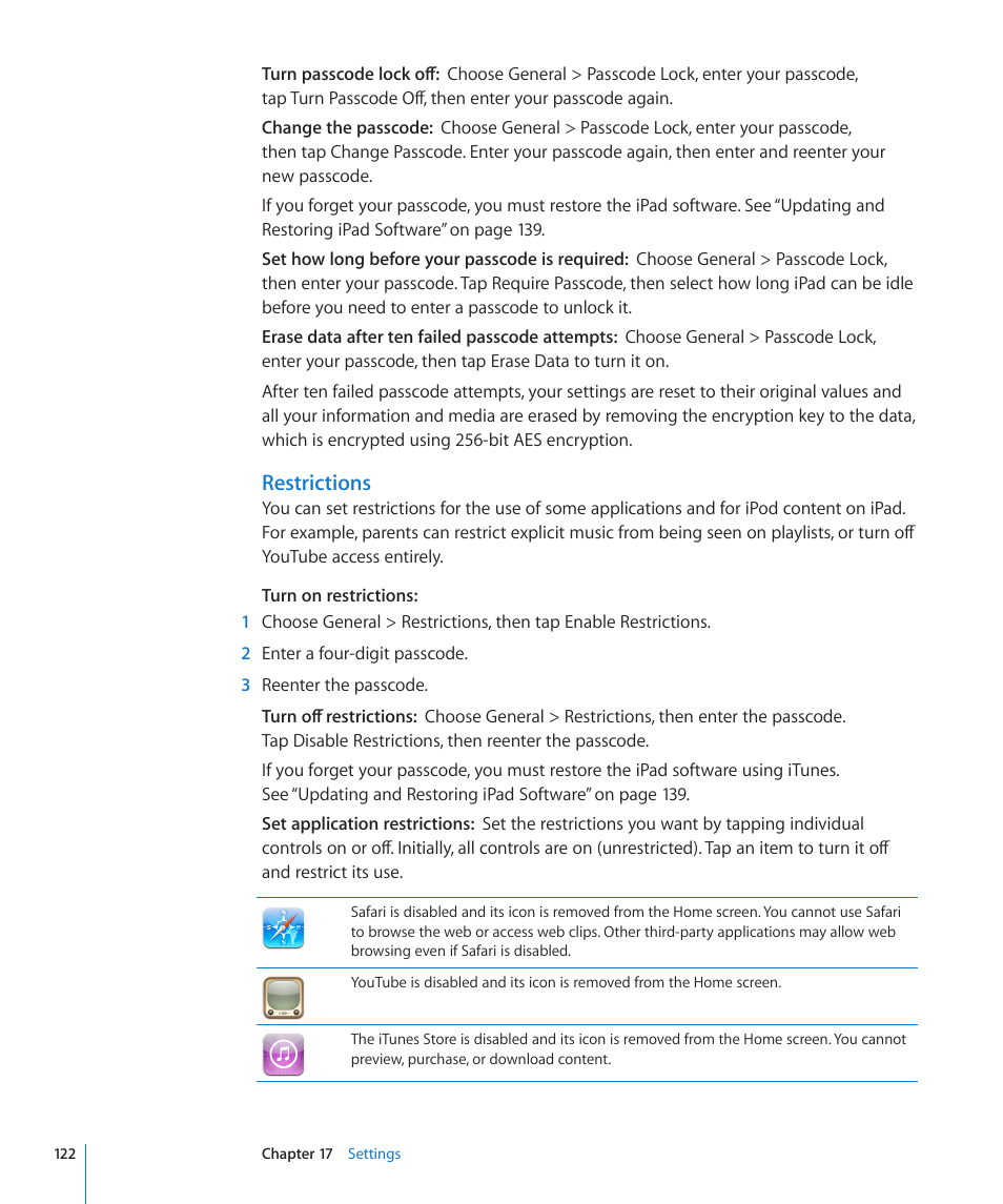 Restrictions | Apple iPad iOS 3.2 User Manual | Page 122 / 154