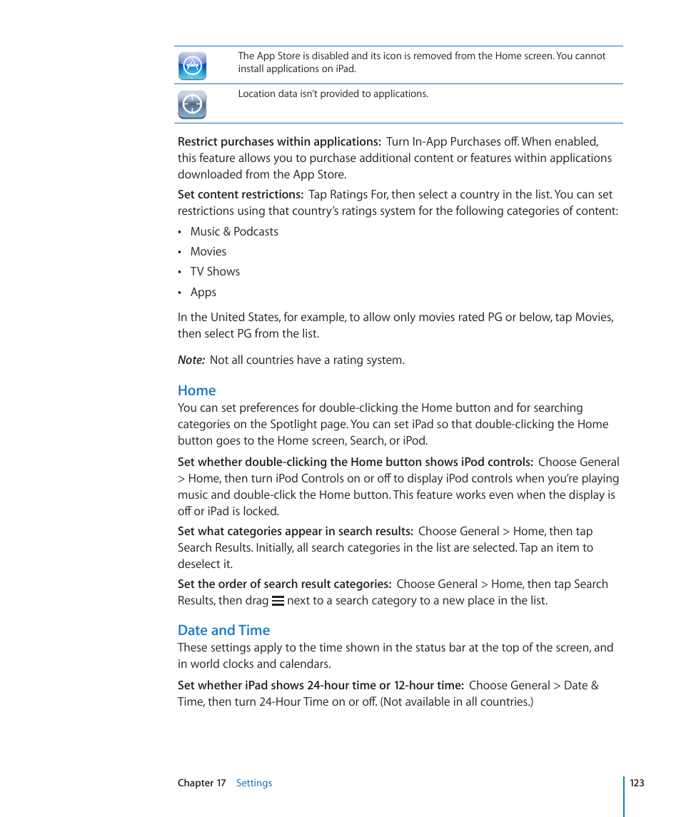 Date and time, Home | Apple iPad iOS 3.2 User Manual | Page 123 / 154