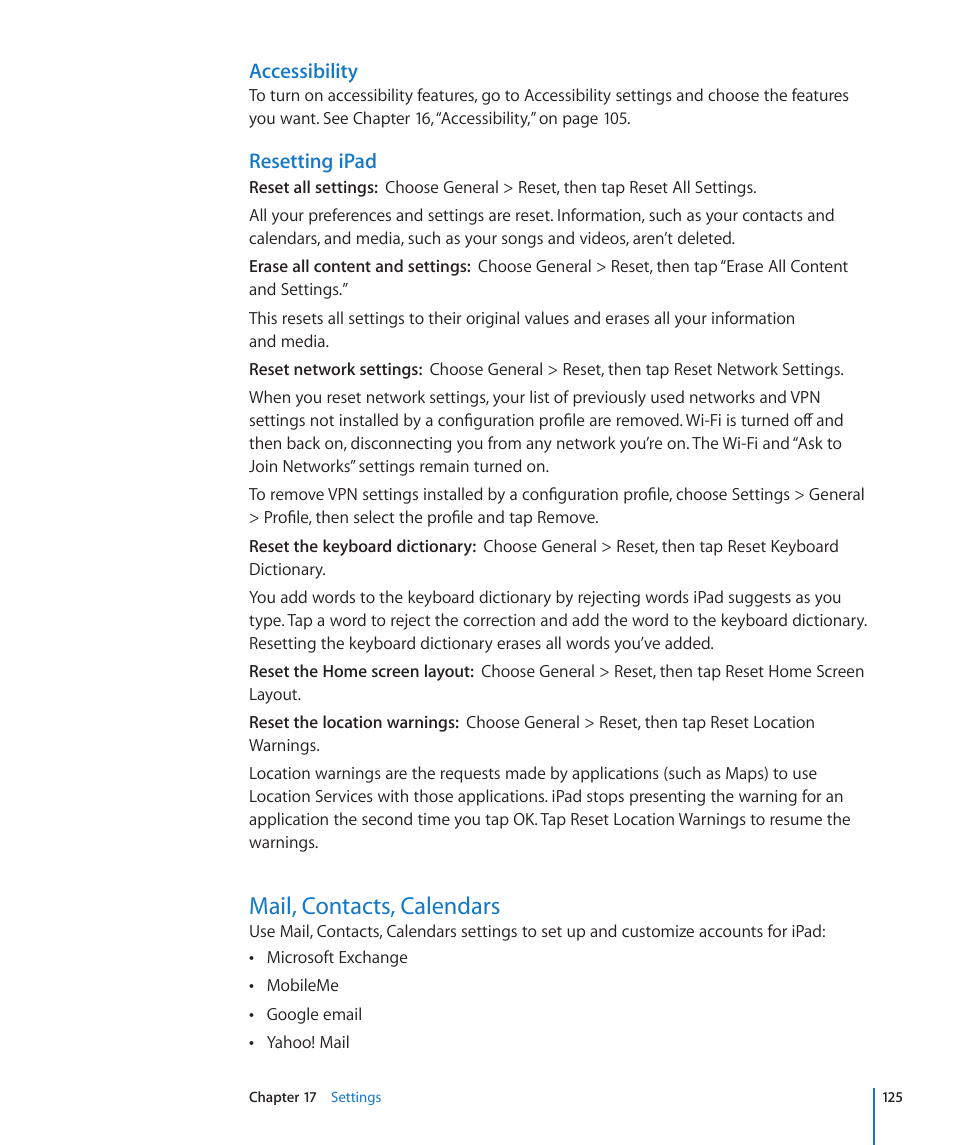 Mail, contacts, calendars, 125 mail, contacts, calendars, Resetting ipad | Accessibility | Apple iPad iOS 3.2 User Manual | Page 125 / 154