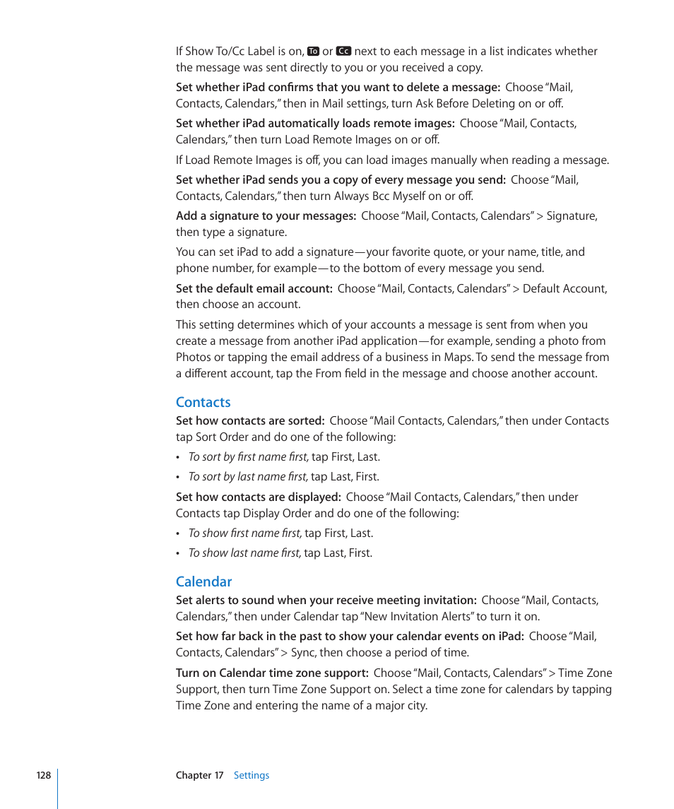 Contacts, Calendar | Apple iPad iOS 3.2 User Manual | Page 128 / 154