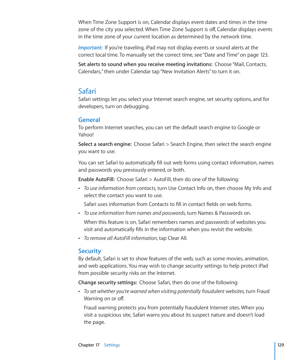 Safari, 129 safari, General | Security | Apple iPad iOS 3.2 User Manual | Page 129 / 154