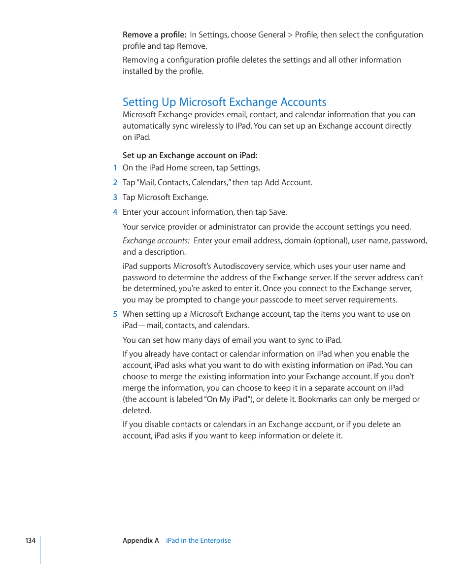 Setting up microsoft exchange accounts, 134 setting up microsoft exchange accounts | Apple iPad iOS 3.2 User Manual | Page 134 / 154