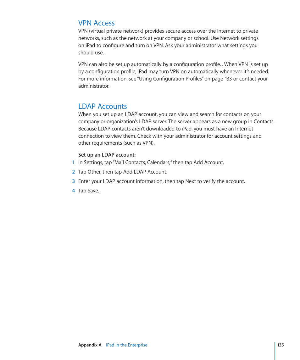 Vpn access, Ldap accounts, 135 vpn access 135 ldap accounts | Ldap, Accounts | Apple iPad iOS 3.2 User Manual | Page 135 / 154