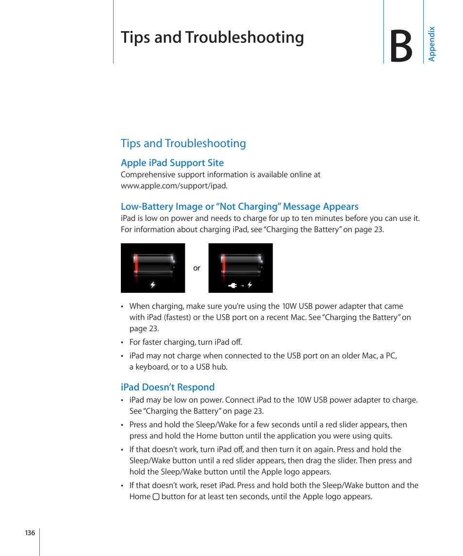 Appendix b: tips and troubleshooting, Tips and troubleshooting, Appendix b: tips and troubleshooting | 136 tips and troubleshooting | Apple iPad iOS 3.2 User Manual | Page 136 / 154