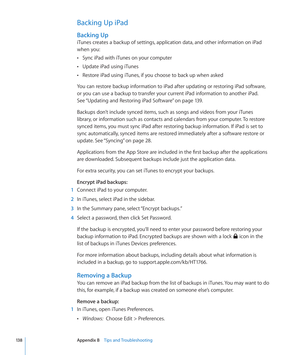 Backing up ipad, 138 backing up ipad, Backing up | Ipad, Removing a backup | Apple iPad iOS 3.2 User Manual | Page 138 / 154