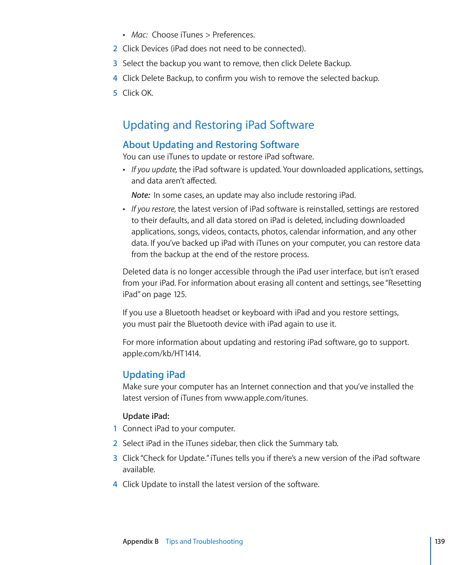 Updating and restoring ipad software, 139 updating and restoring ipad software, About updating and restoring software | Updating ipad | Apple iPad iOS 3.2 User Manual | Page 139 / 154