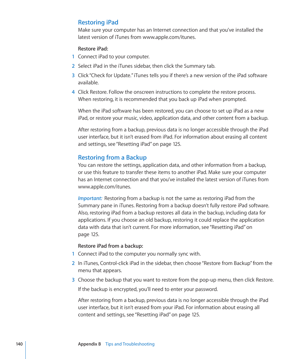 Restoring ipad, Restoring from a backup | Apple iPad iOS 3.2 User Manual | Page 140 / 154