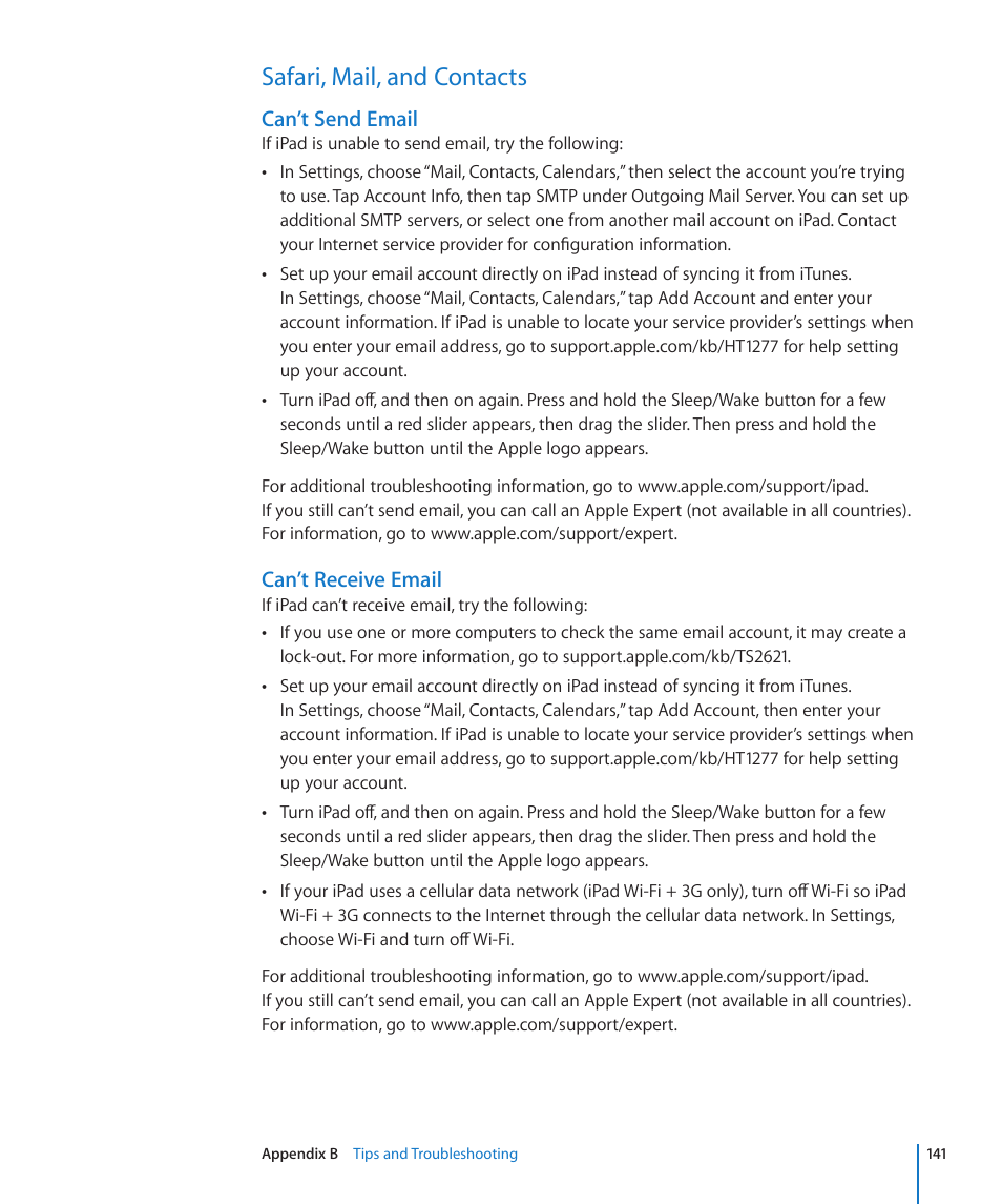 Safari, mail, and contacts, 141 safari, mail, and contacts, Can’t send email | Can’t receive email | Apple iPad iOS 3.2 User Manual | Page 141 / 154