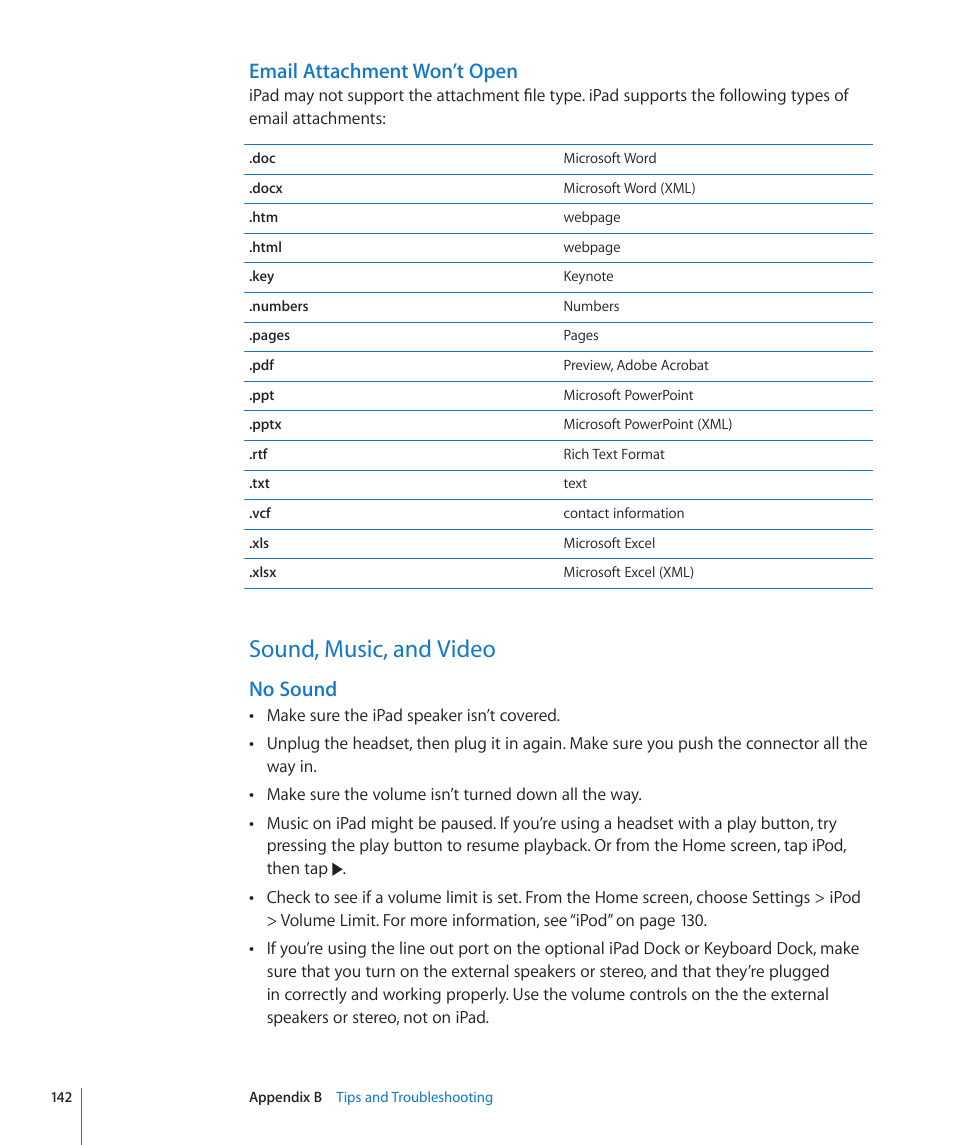 Sound, music, and video, 142 sound, music, and video, Email attachment won’t open | No sound | Apple iPad iOS 3.2 User Manual | Page 142 / 154