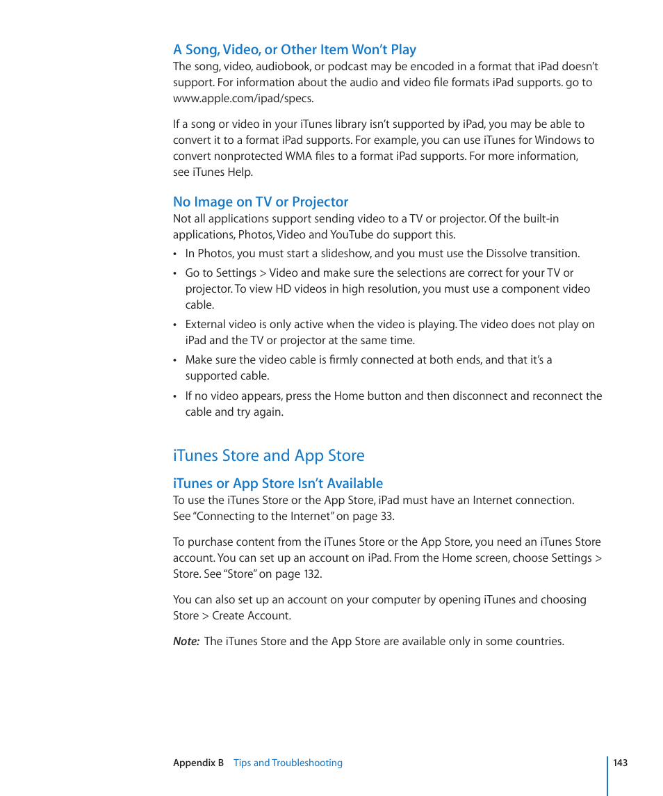 Itunes store and app store, 143 itunes store and app store, A song, video, or other item won’t play | No image on tv or projector, Itunes or app store isn’t available | Apple iPad iOS 3.2 User Manual | Page 143 / 154