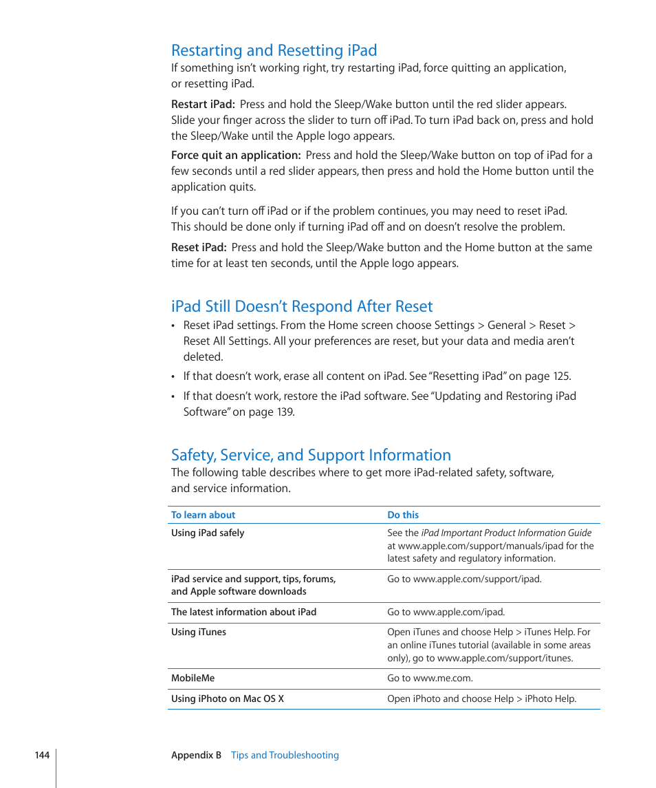 Restarting and resetting ipad, Ipad still doesn’t respond after reset, Safety, service, and support information | Apple iPad iOS 3.2 User Manual | Page 144 / 154