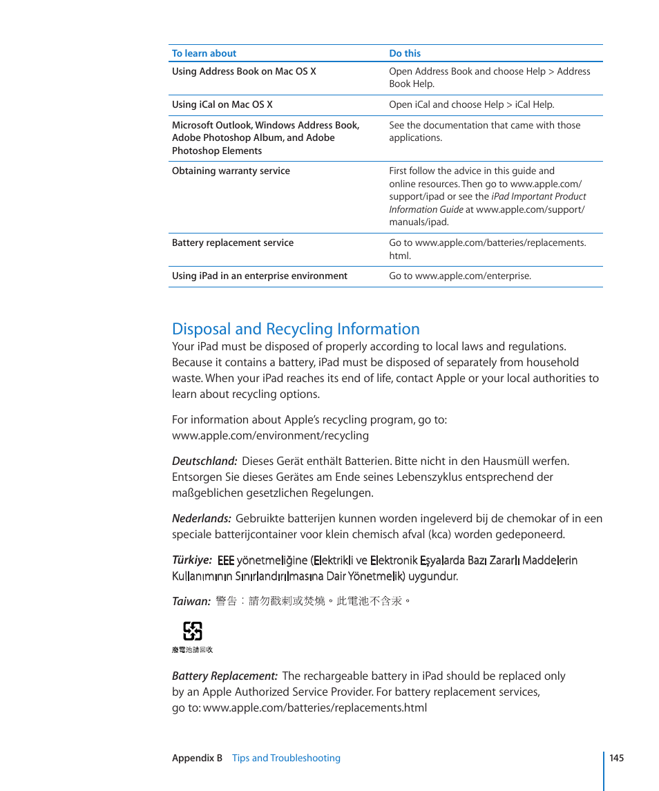 Disposal and recycling information, 145 disposal and recycling information | Apple iPad iOS 3.2 User Manual | Page 145 / 154