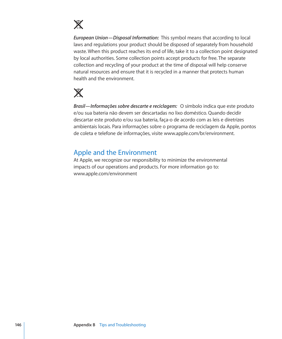 Apple and the environment, 146 apple and the environment | Apple iPad iOS 3.2 User Manual | Page 146 / 154