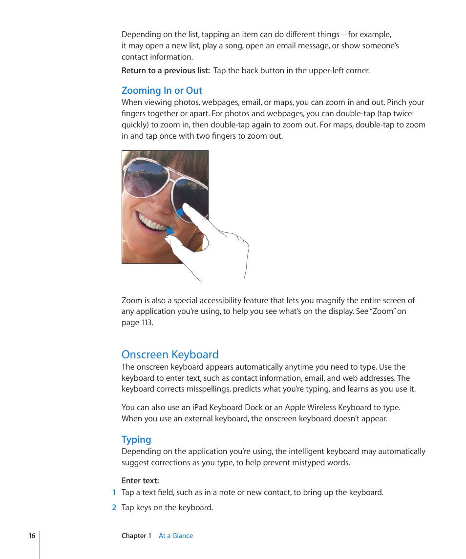 Onscreen keyboard, 16 onscreen keyboard, Zooming in or out | Typing | Apple iPad iOS 3.2 User Manual | Page 16 / 154