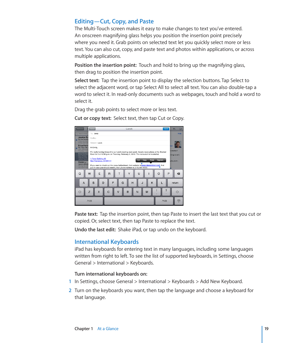 Editing—cut, copy, and paste, International keyboards | Apple iPad iOS 3.2 User Manual | Page 19 / 154