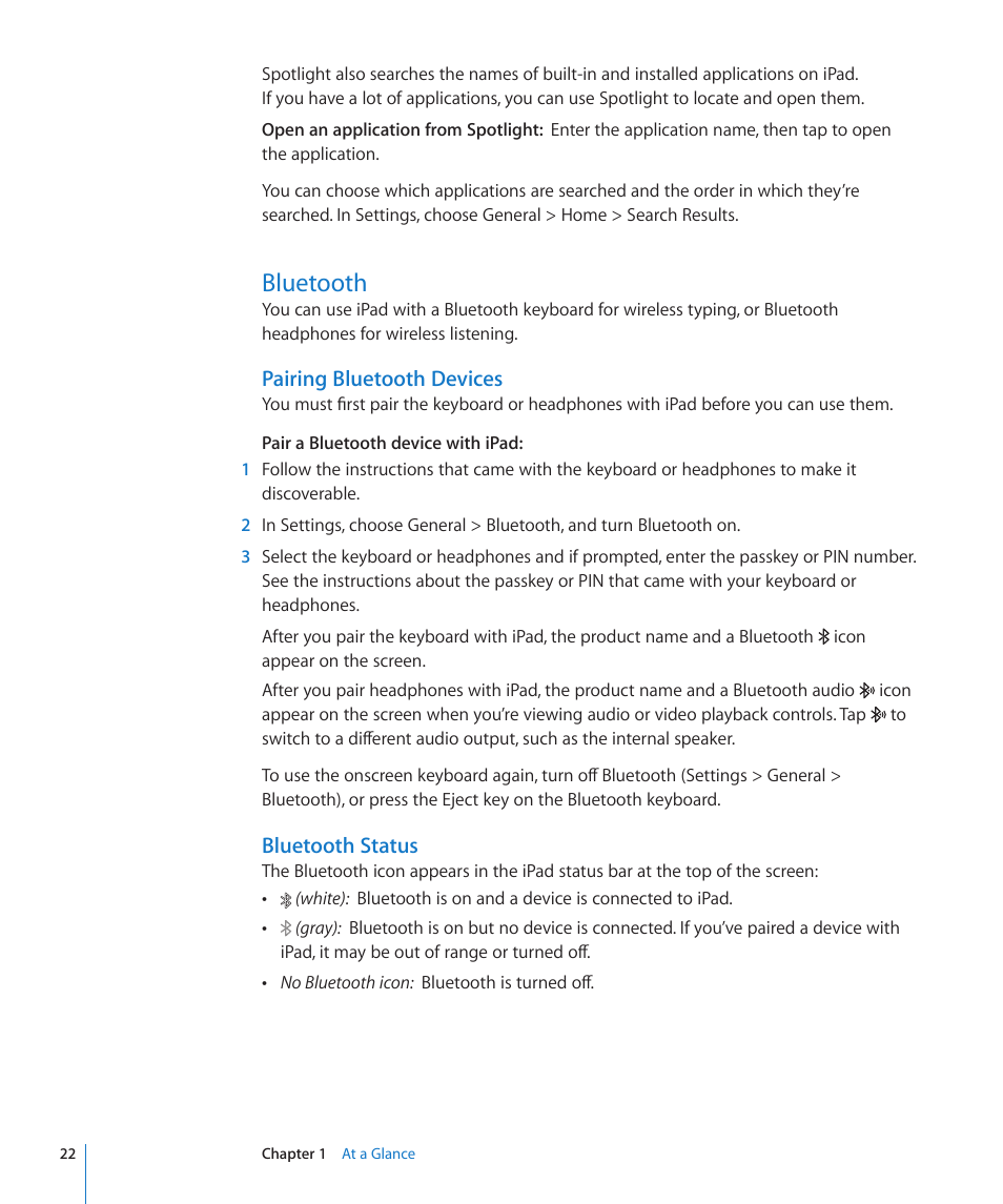 Bluetooth, 22 bluetooth, Pairing bluetooth devices | Bluetooth status | Apple iPad iOS 3.2 User Manual | Page 22 / 154