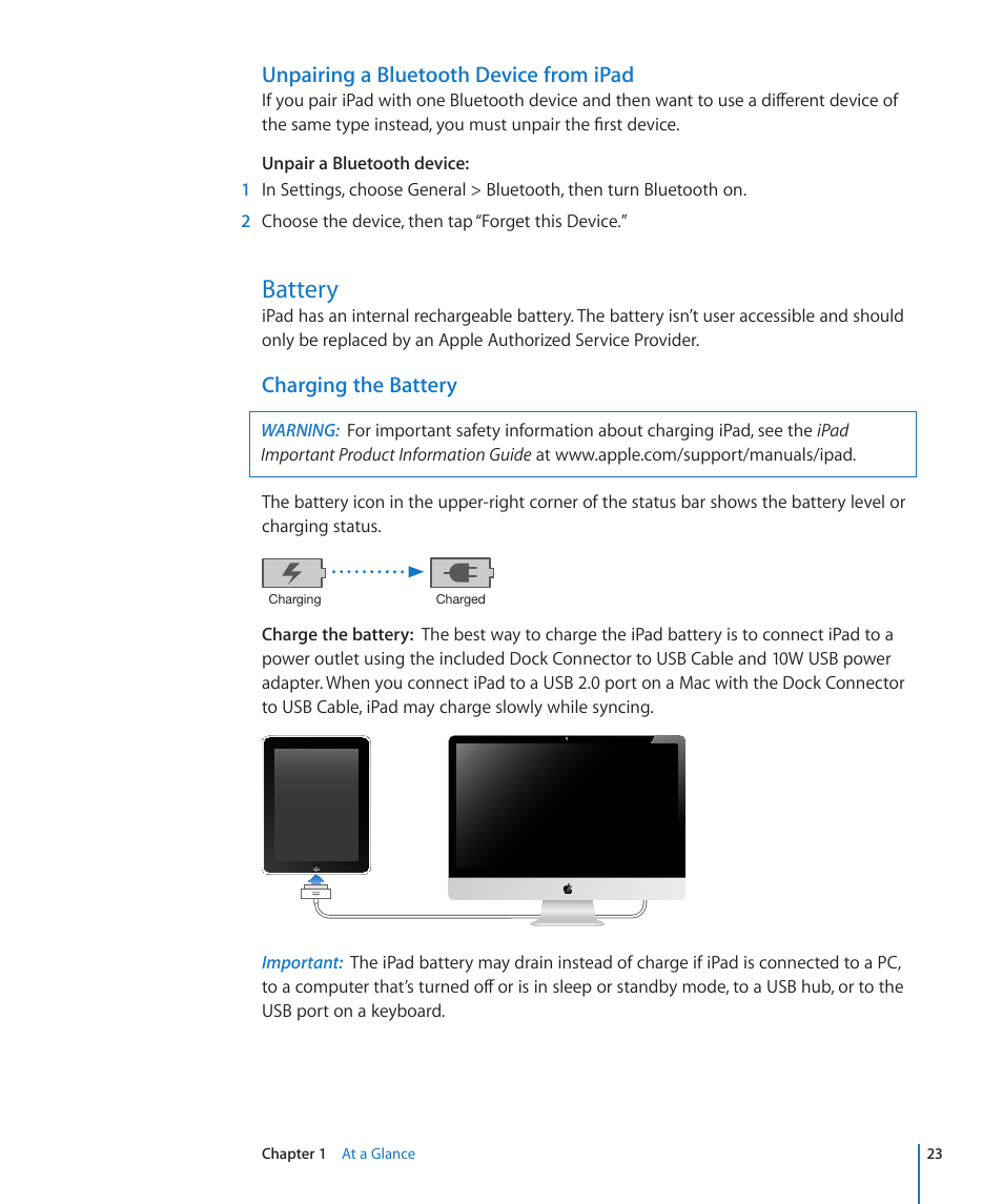 Battery, 23 battery, Charging the battery | Unpairing a bluetooth device from ipad | Apple iPad iOS 3.2 User Manual | Page 23 / 154