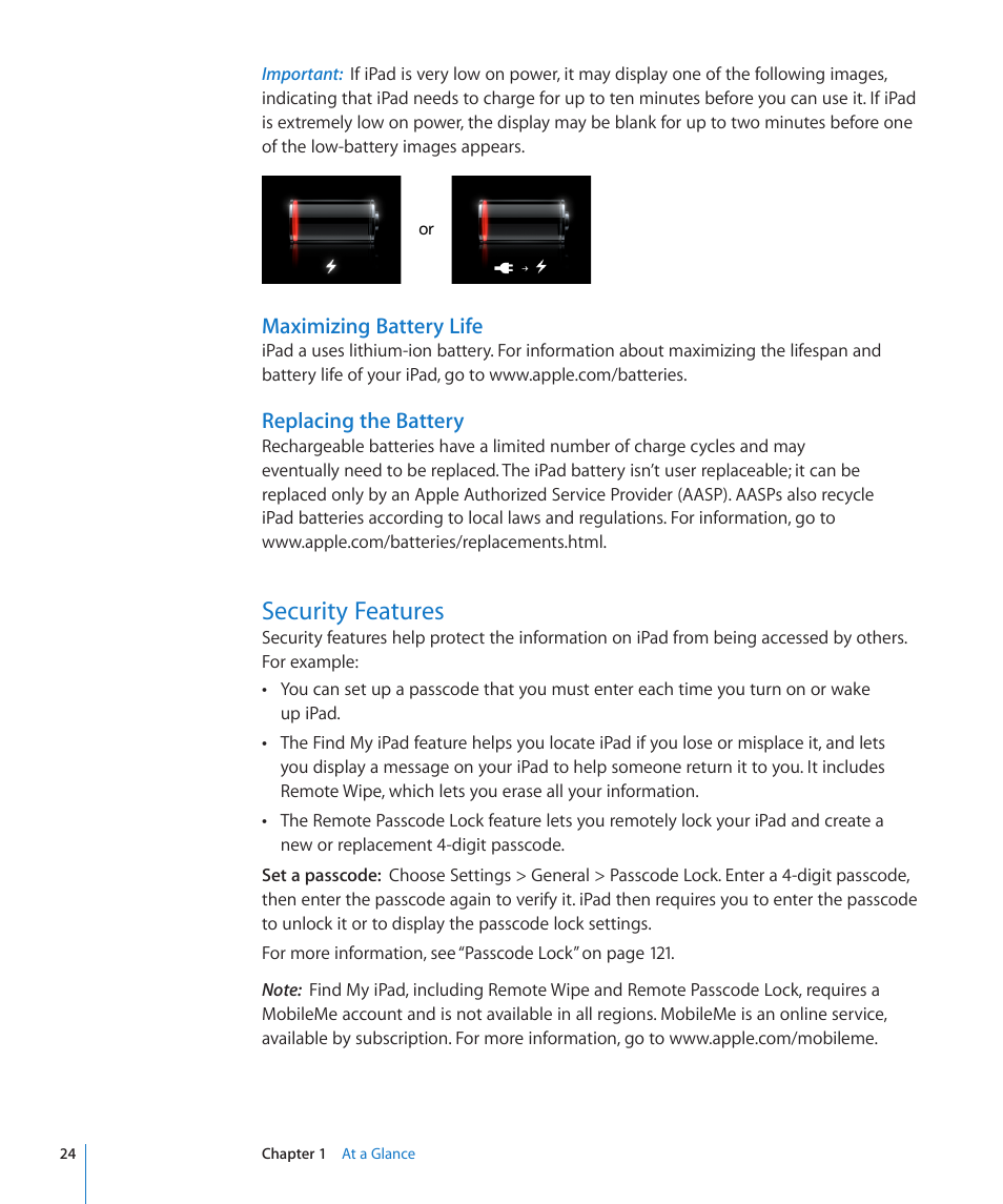 Security features, 24 security features, Maximizing battery life | Replacing the battery | Apple iPad iOS 3.2 User Manual | Page 24 / 154