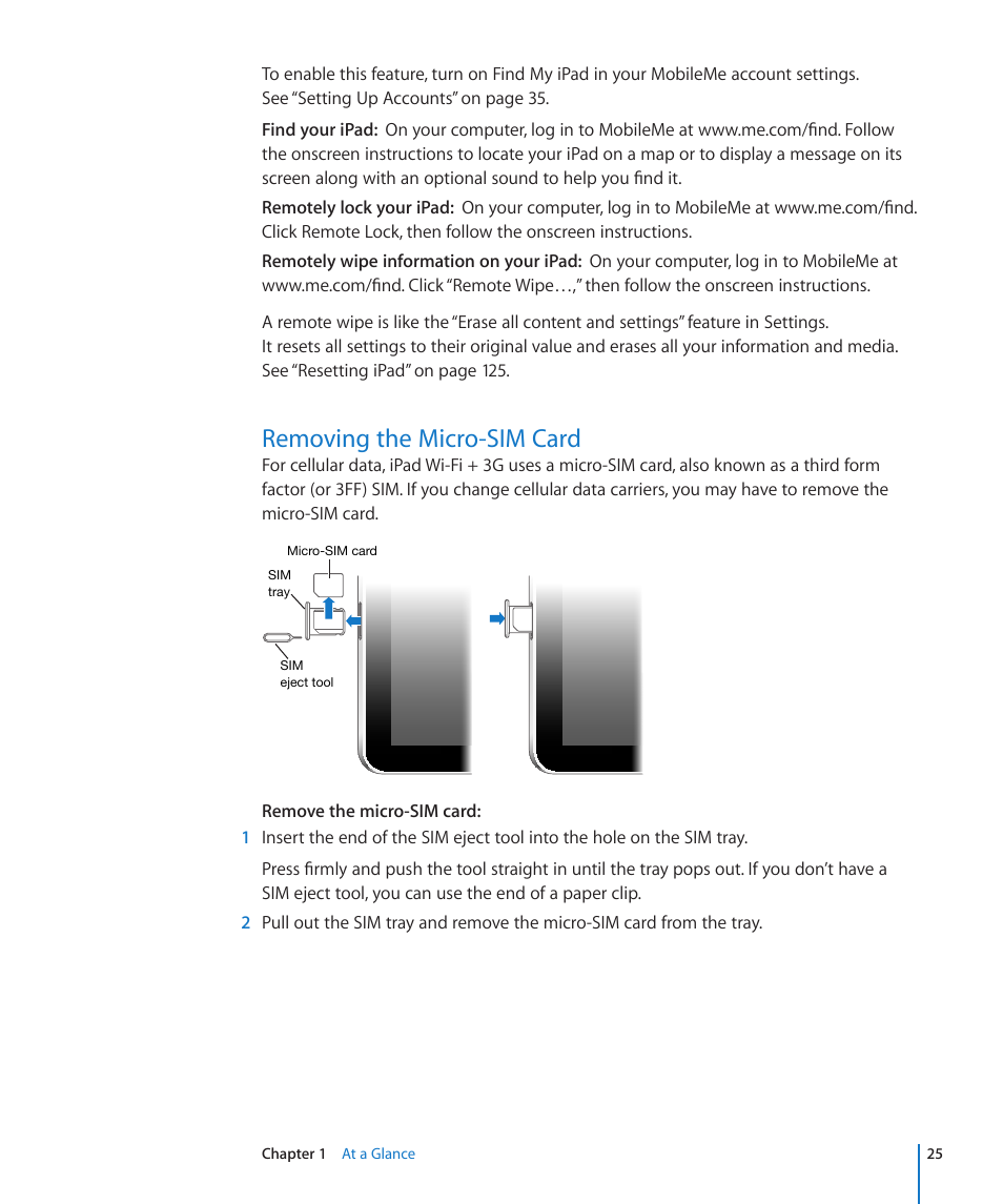 Removing the micro-sim card, 25 removing the micro-sim card | Apple iPad iOS 3.2 User Manual | Page 25 / 154