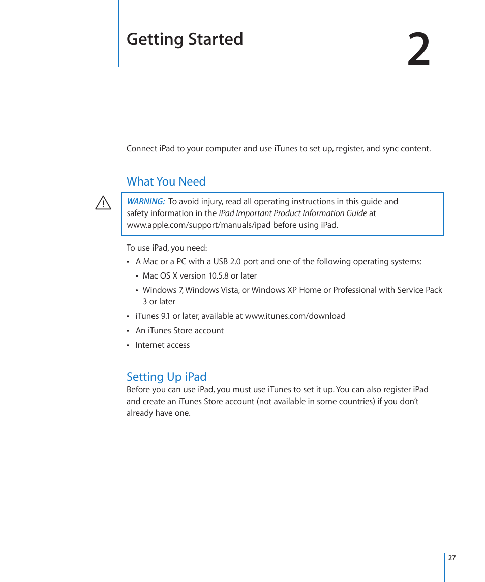 Chapter 2: getting started, What you need, Setting up ipad | 27 what you need 27 setting up ipad, Getting started | Apple iPad iOS 3.2 User Manual | Page 27 / 154