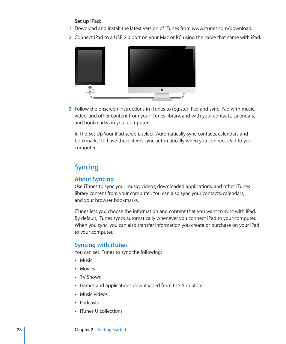 Syncing, 28 syncing, About syncing | Syncing with itunes | Apple iPad iOS 3.2 User Manual | Page 28 / 154