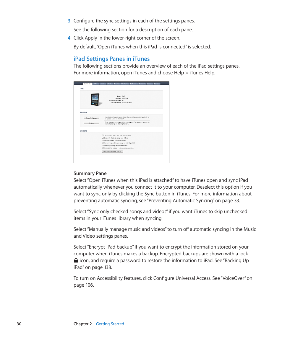 Ipad settings panes in itunes | Apple iPad iOS 3.2 User Manual | Page 30 / 154