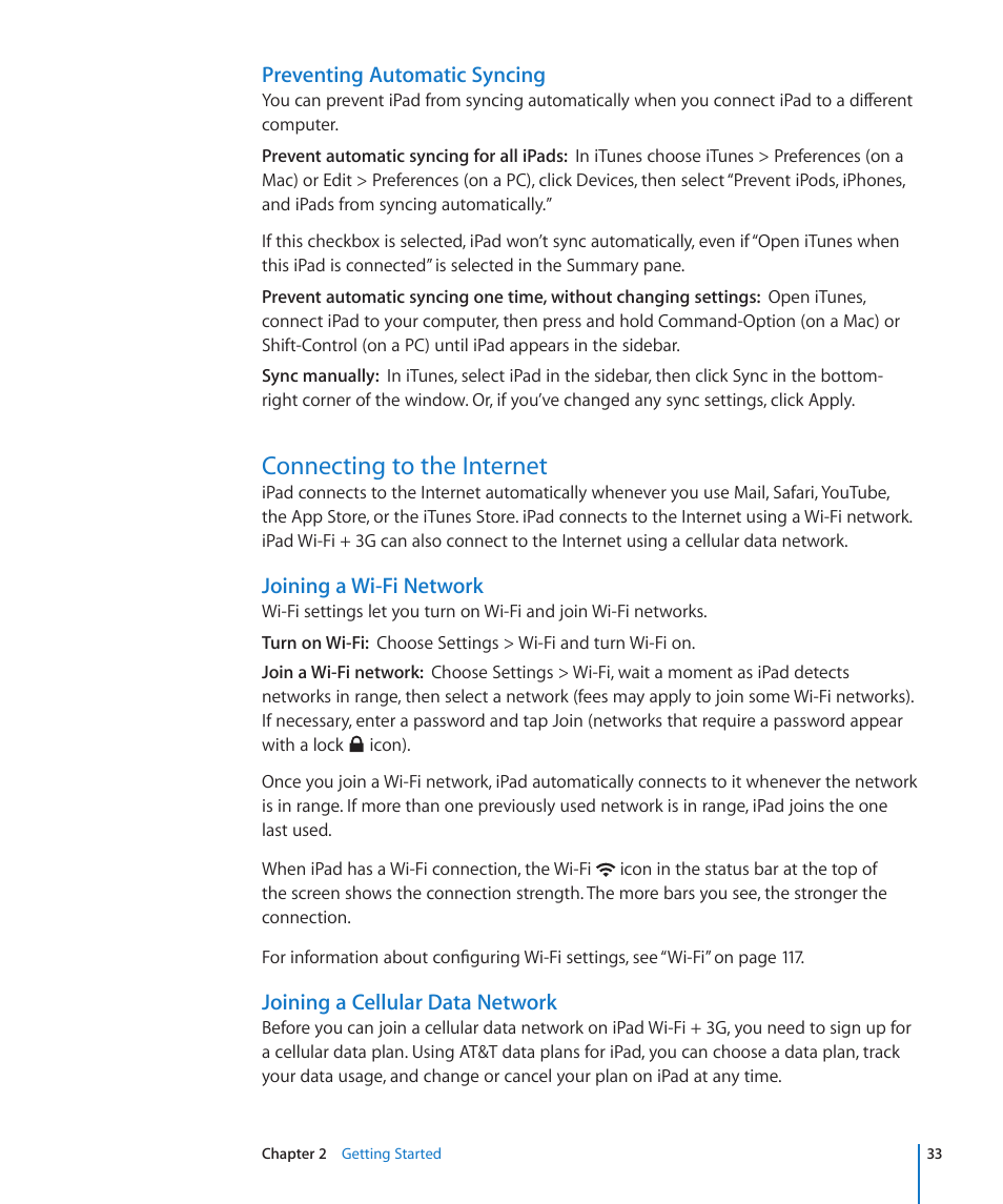 Connecting to the internet, 33 connecting to the internet, Joining a wi-fi network | Preventing automatic syncing | Apple iPad iOS 3.2 User Manual | Page 33 / 154