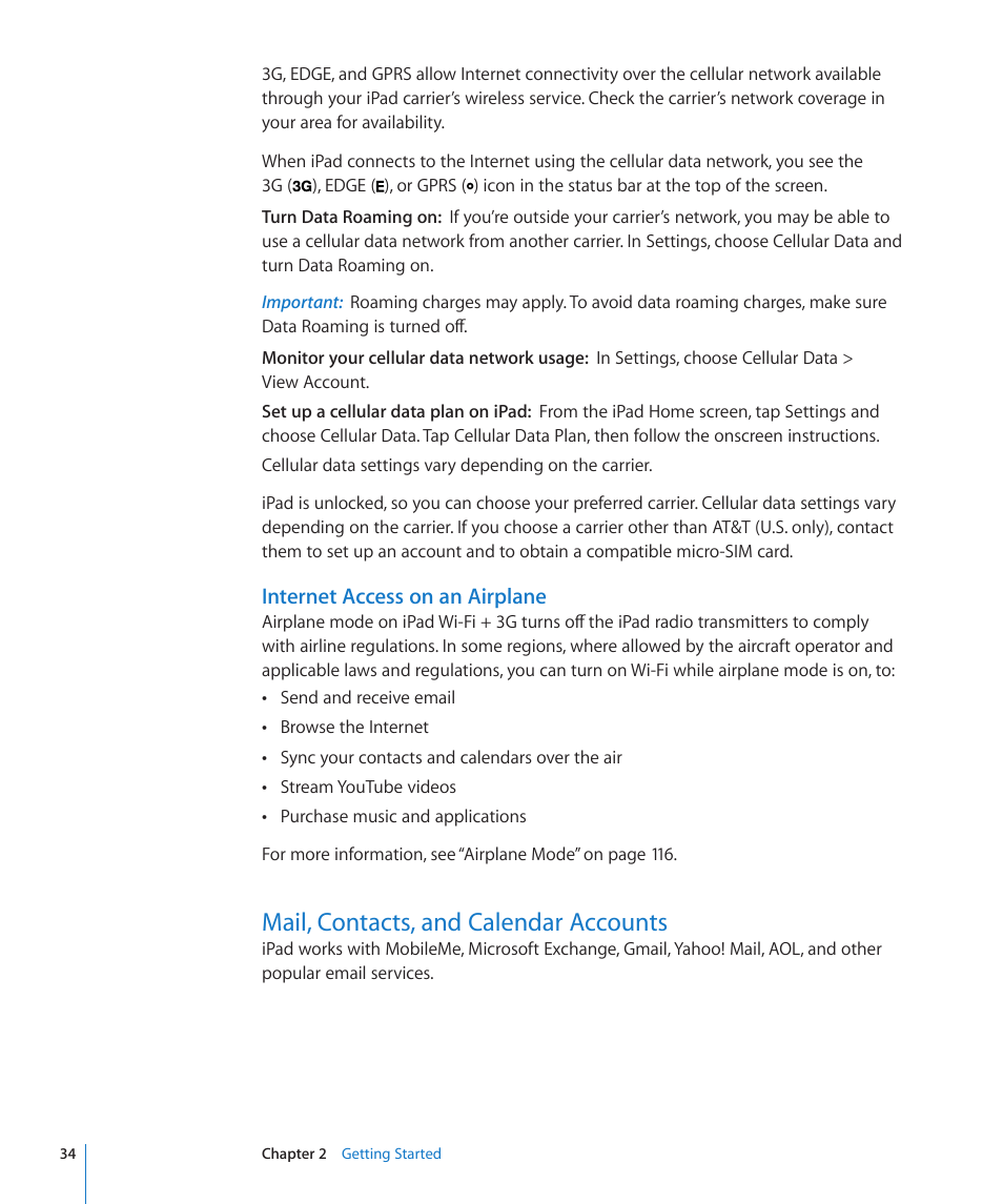 Mail, contacts, and calendar accounts, 34 mail, contacts, and calendar accounts, Internet access on an airplane | Apple iPad iOS 3.2 User Manual | Page 34 / 154