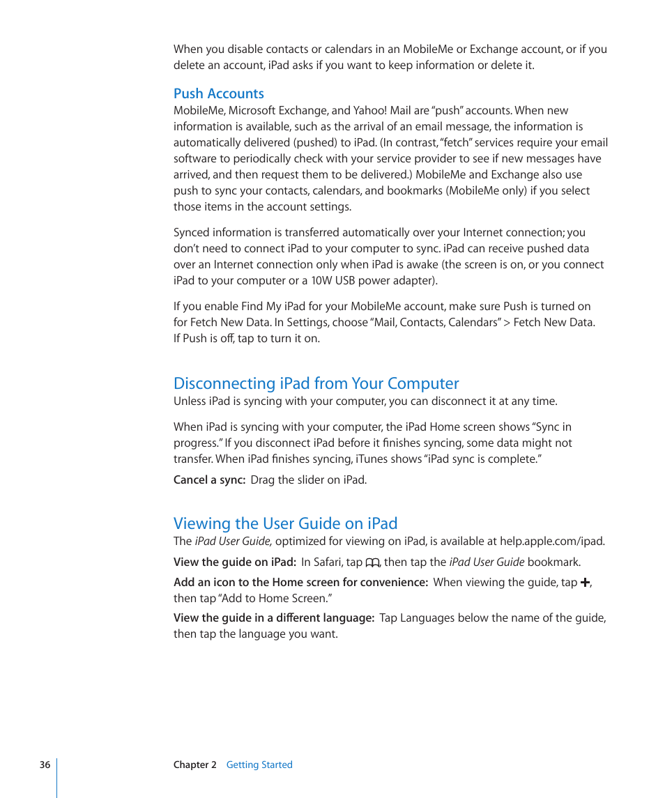 Disconnecting ipad from your computer, Viewing the user guide on ipad | Apple iPad iOS 3.2 User Manual | Page 36 / 154