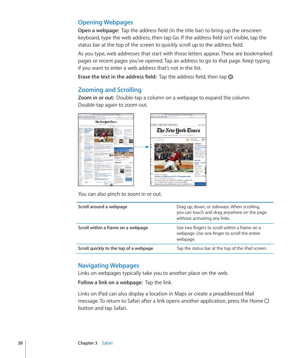 Opening webpages, Zooming and scrolling, Navigating webpages | Apple iPad iOS 3.2 User Manual | Page 38 / 154