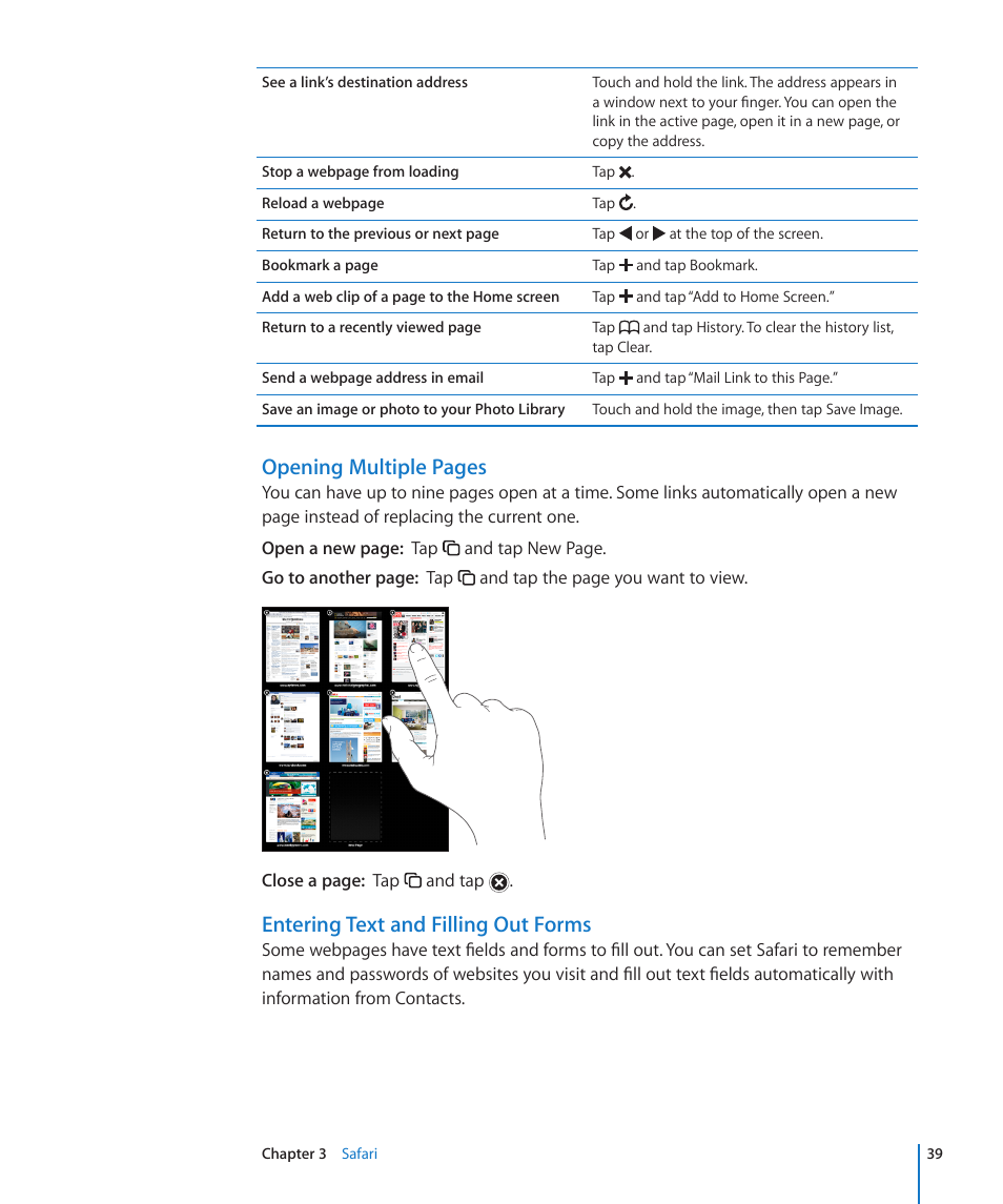 Opening multiple pages, Entering text and filling out forms | Apple iPad iOS 3.2 User Manual | Page 39 / 154