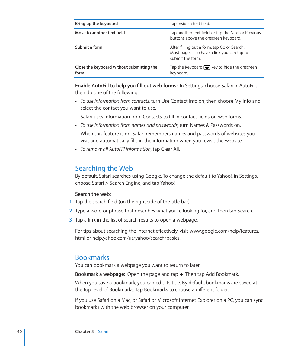 Searching the web, Bookmarks, 40 searching the web 40 bookmarks | Apple iPad iOS 3.2 User Manual | Page 40 / 154