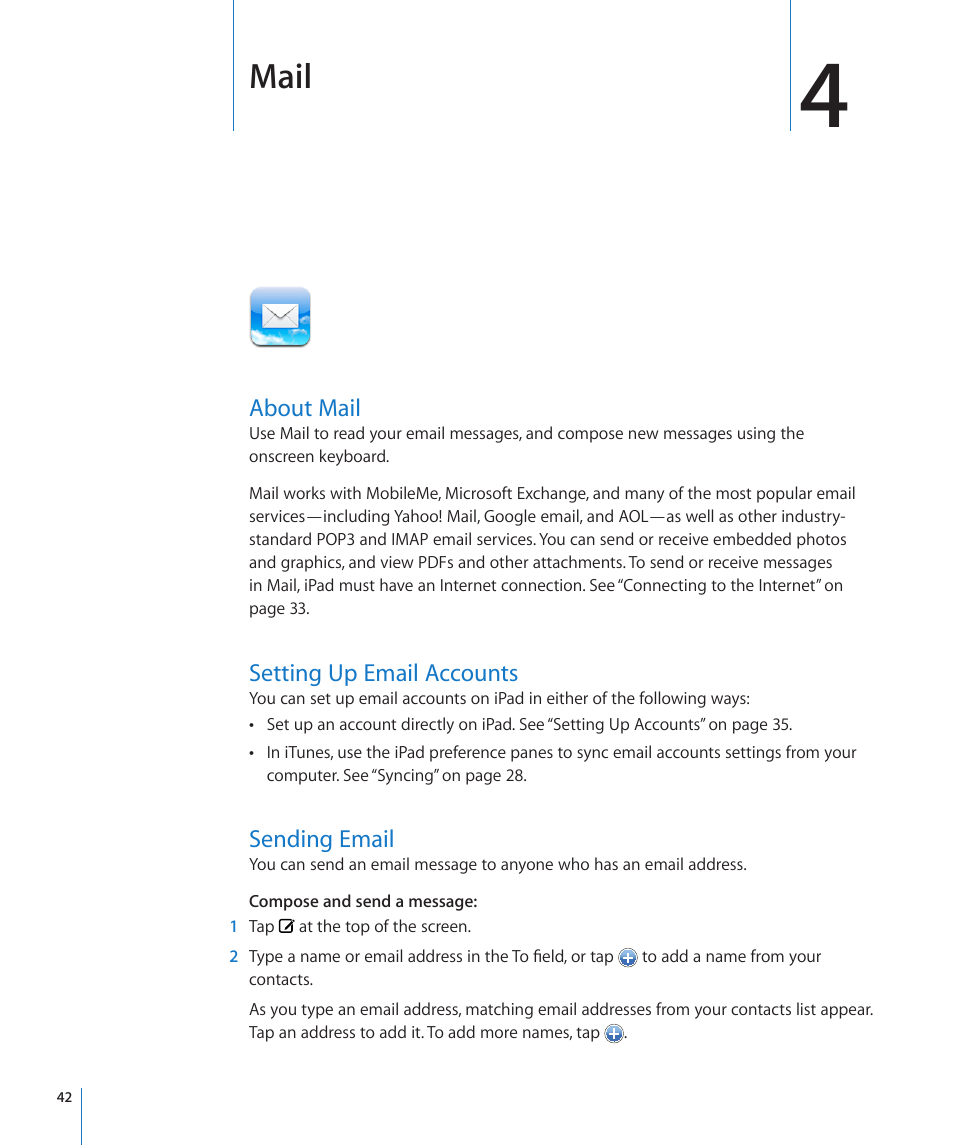 Chapter 4: mail, About mail, Setting up email accounts | Sending email, Mail | Apple iPad iOS 3.2 User Manual | Page 42 / 154