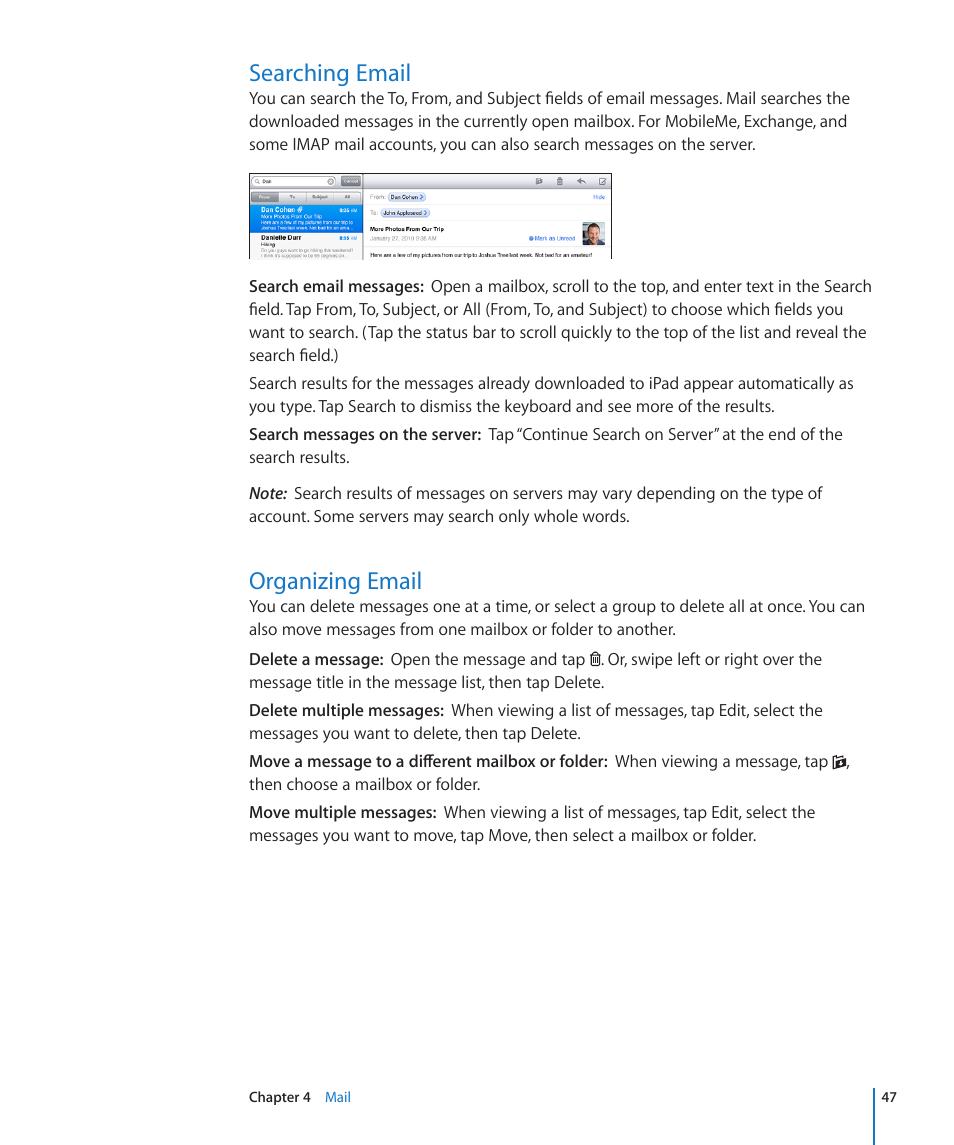 Searching email, Organizing email, 47 searching email 47 organizing email | Apple iPad iOS 3.2 User Manual | Page 47 / 154