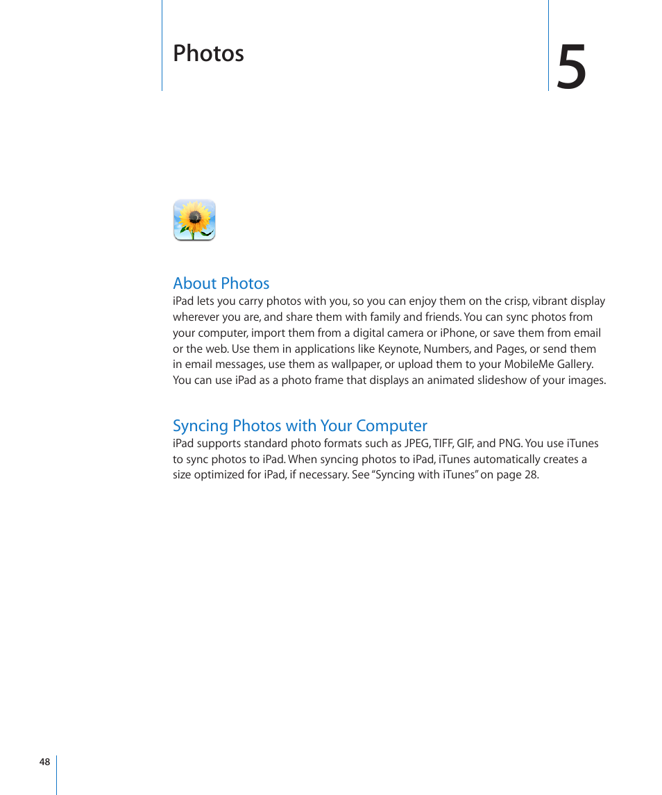 Chapter 5: photos, About photos, Syncing photos with your computer | Apple iPad iOS 3.2 User Manual | Page 48 / 154