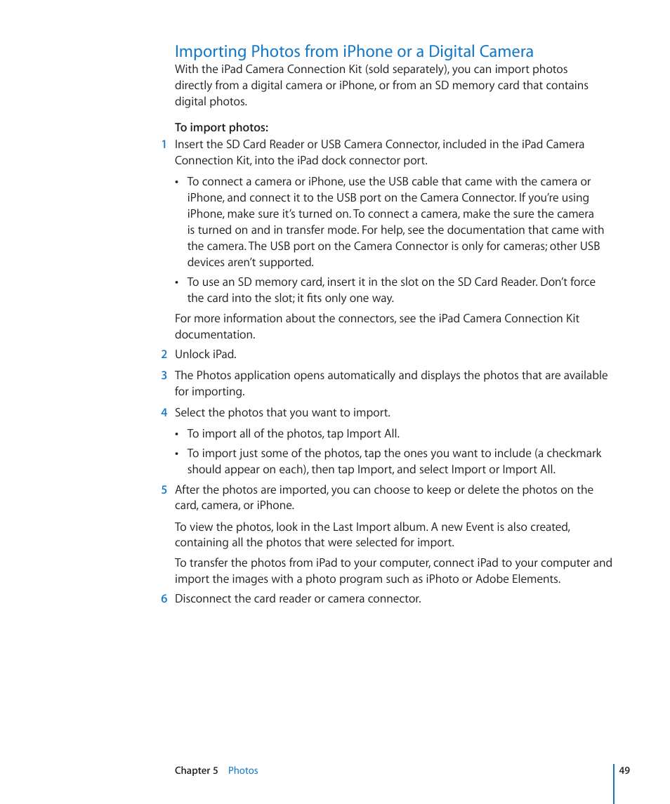 Importing photos from iphone or a digital camera | Apple iPad iOS 3.2 User Manual | Page 49 / 154