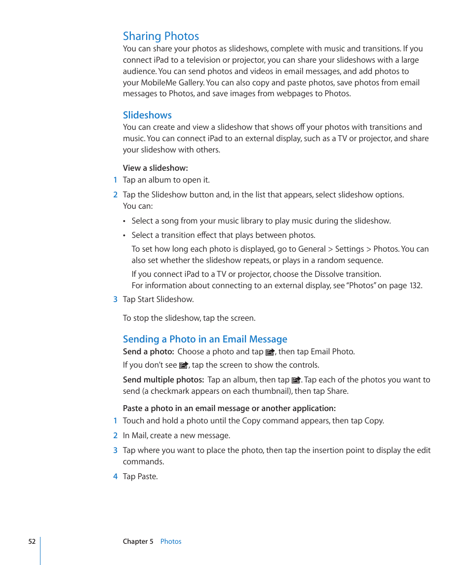 Sharing photos, 52 sharing photos, Slideshows | Sending a photo in an email message | Apple iPad iOS 3.2 User Manual | Page 52 / 154