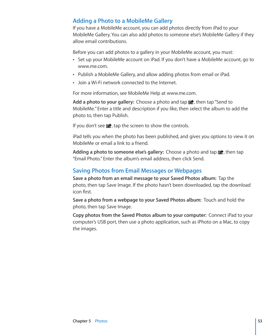 Adding a photo to a mobileme gallery, Saving photos from email messages or webpages | Apple iPad iOS 3.2 User Manual | Page 53 / 154