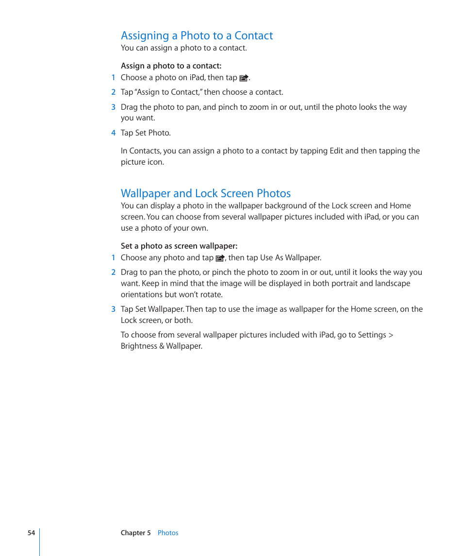 Assigning a photo to a contact, Wallpaper and lock screen photos | Apple iPad iOS 3.2 User Manual | Page 54 / 154